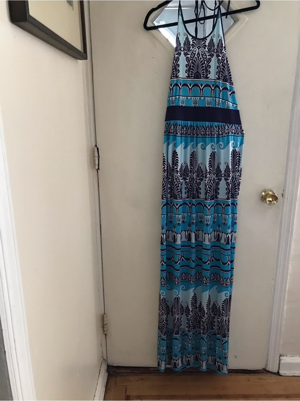 Open back blue patterned maxi dress